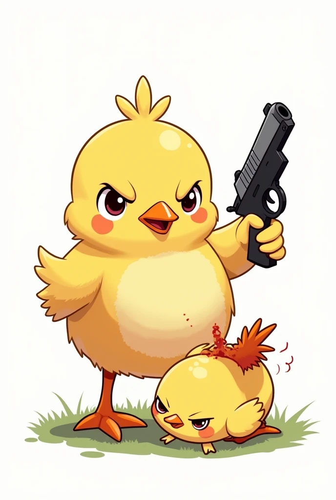 A cute but angry chick defeating another chick by stomping on its head with a gun