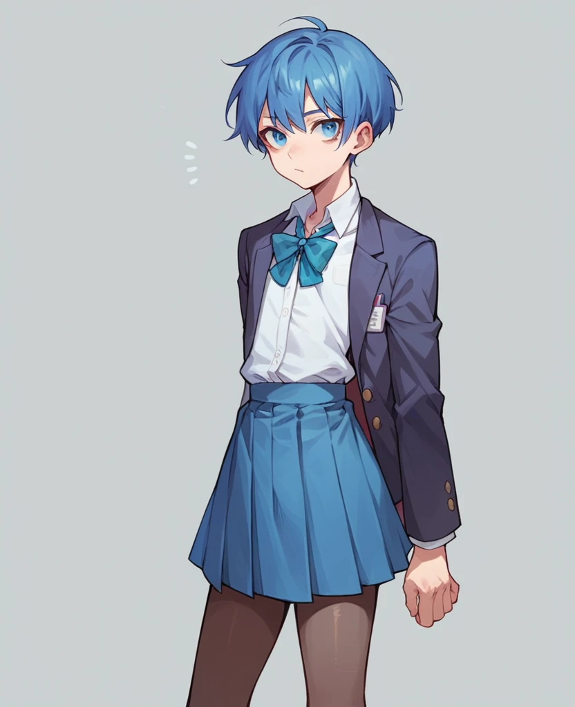 androgynous,1girl, blue eyes, blue hair, solo, standing, school uniform, shirt, short hair, pantyhose, blue skirt, collared shirt, white shirt, blazer