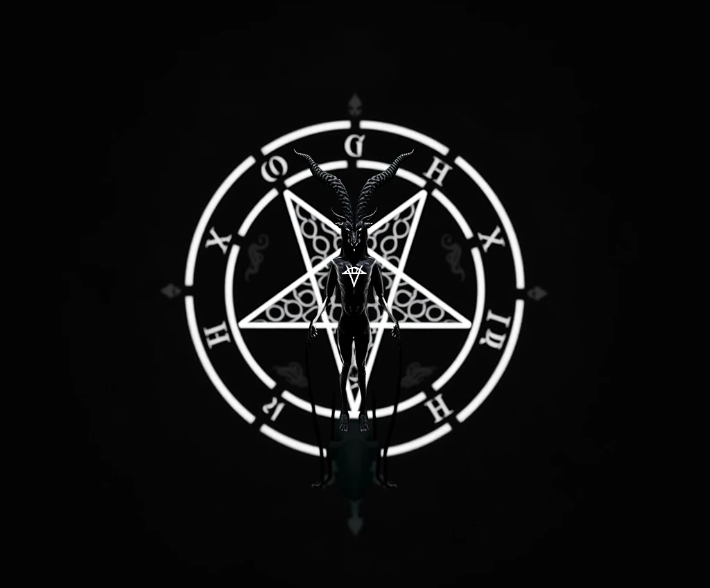 8k, high quality, HQ, photorealistic, highly detailed, intricate, complex, dark, occult, esoteric, mystical, demonic, satanic, baphomet, goat-headed deity, goat-like head, horns, wings, human torso, cloven hooves, pentagram, ritual, occult symbols, dark mysticism, dark fantasy, chiaroscuro lighting, dramatic shadows, moody atmosphere, deep blacks, rich colors, cinematic, epic, wallpaper