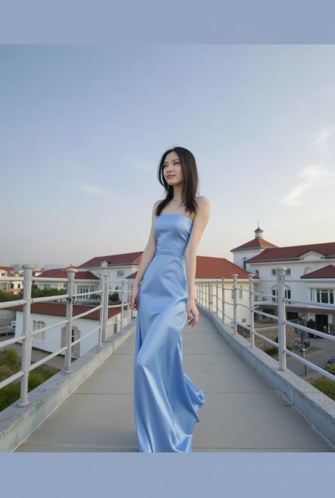 Long black hair girl, Sky blue fitted dress