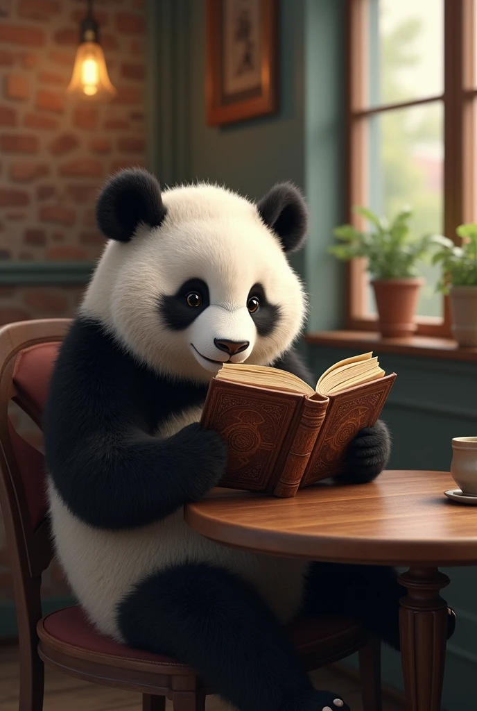 Draw a semi realistic panda, Pleasant and thoughtful look while comfortably reading an old book in a cafe.