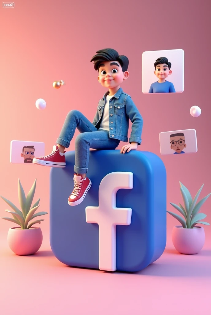 create a 3D illustration of an animated character sitting casually of a social media logo "Facebook" .The character must wear casual modern clotting such as jeans jacket and sneakers.The background of the image in a social media profile page with a user name "zahidawan.20" and profile picture that mach.
