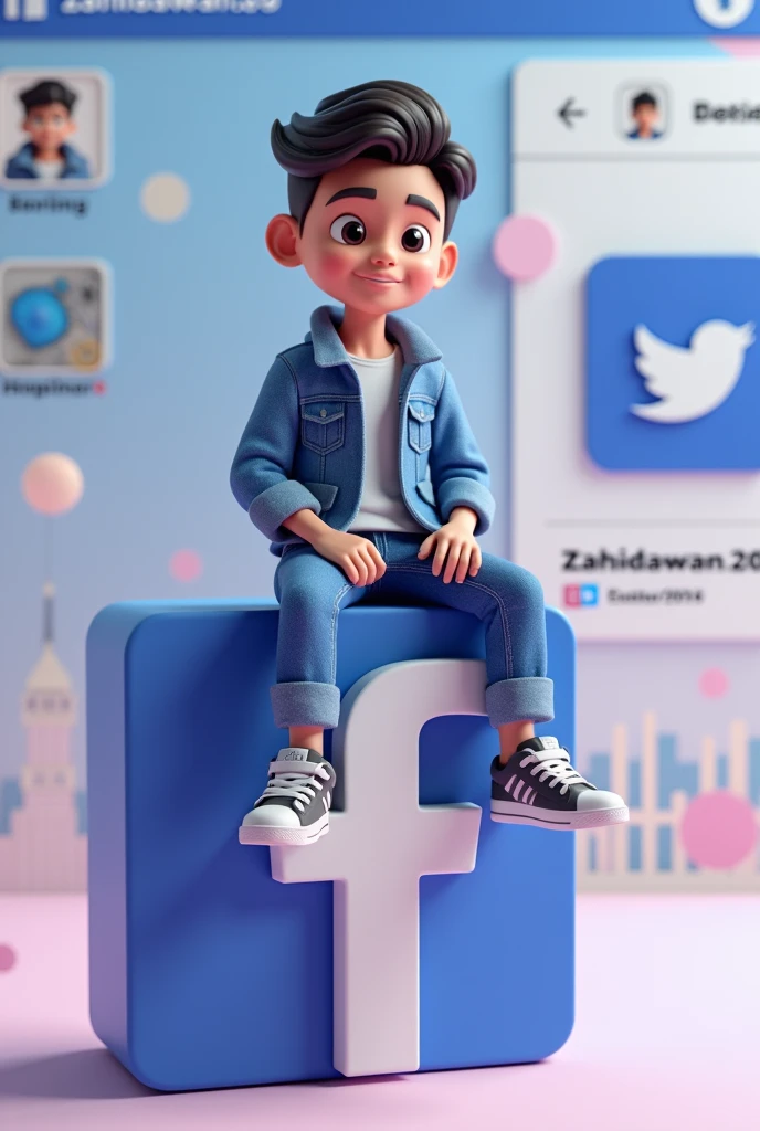 create a 3D illustration of an animated character sitting casually of a social media logo "Facebook" .The character must wear casual modern clotting such as jeans jacket and sneakers.The background of the image in a social media profile page with a user name "zahidawan.20" and profile picture that mach.