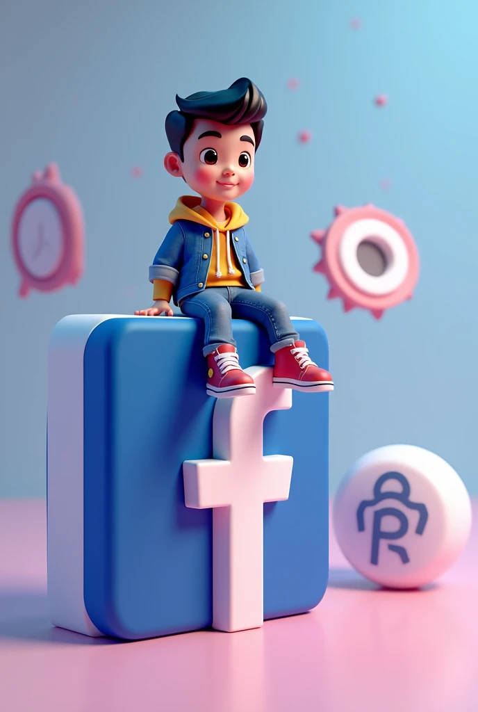 create a 3D illustration of an animated character sitting casually of a social media logo "Facebook" .The character must wear casual modern clotting such as jeans jacket and sneakers.The background of the image in a social media profile page with a user name "zahidawan.20" and profile picture that mach.