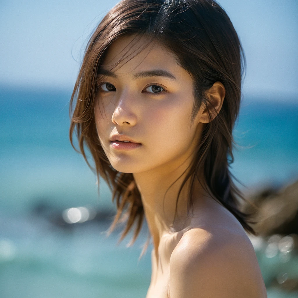 A hyper-realistic image of a single Japanese woman in her early 20s, captured with the nostalgic warmth and pronounced graininess of a film camera, showing her from the shoulders up as she stands on a sunlit beach. Her skin has a warm beige tone with a natural, visibly rough texture that includes pronounced pores, fine lines, and subtle imperfections such as small blemishes, slight unevenness, and a hint of sun exposure, contributing to the authenticity of her appearance. The texture of her skin is intentionally less smooth, with a tangible roughness that enhances the realism, making the surface appear slightly weathered by the elements. The soft, diffused natural light illuminates her face and shoulders with a gentle touch, casting shadows that subtly reveal the unevenness of her skin. Her straight, glossy black hair flows naturally in the ocean breeze, framing her face, and her deep brown eyes reflect the soft sunlight and the shimmering sea. The film camera effect amplifies the grain and texture, creating a warm, nostalgic atmosphere while maintaining the deliberately rougher, less polished texture of her skin. The composition, focused on her upper body, captures the serene elegance of the beach setting, highlighting the natural interaction of light and shadow on her skin. This combination of a rough, realistic skin texture, soft natural light, and the grainy film-like qualities ensures that the image presents an authentic, lifelike portrayal of the woman, centered on her face and shoulders.