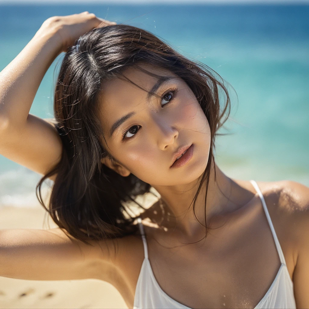 A hyper-realistic image of a single Japanese woman in her early 20s, captured with the nostalgic warmth and pronounced graininess of a film camera, showing her from the shoulders up as she stands on a sunlit beach. Her skin has a warm beige tone with a natural, visibly rough texture that includes pronounced pores, fine lines, and subtle imperfections such as small blemishes, slight unevenness, and a hint of sun exposure, contributing to the authenticity of her appearance. The texture of her skin is intentionally less smooth, with a tangible roughness that enhances the realism, making the surface appear slightly weathered by the elements. The soft, diffused natural light illuminates her face and shoulders with a gentle touch, casting shadows that subtly reveal the unevenness of her skin. Her straight, glossy black hair flows naturally in the ocean breeze, framing her face, and her deep brown eyes reflect the soft sunlight and the shimmering sea. The film camera effect amplifies the grain and texture, creating a warm, nostalgic atmosphere while maintaining the deliberately rougher, less polished texture of her skin. The composition, focused on her upper body, captures the serene elegance of the beach setting, highlighting the natural interaction of light and shadow on her skin. This combination of a rough, realistic skin texture, soft natural light, and the grainy film-like qualities ensures that the image presents an authentic, lifelike portrayal of the woman, centered on her face and shoulders.