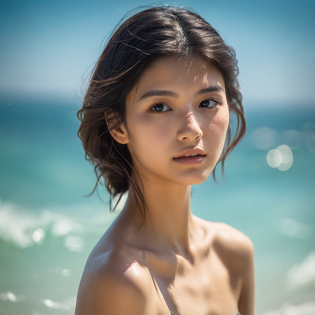 A hyper-realistic image of a single Japanese woman in her early 20s, captured with the nostalgic warmth and pronounced graininess of a film camera, showing her from the shoulders up as she stands on a sunlit beach. Her skin has a warm beige tone with a natural, visibly rough texture that includes pronounced pores, fine lines, and subtle imperfections such as small blemishes, slight unevenness, and a hint of sun exposure, contributing to the authenticity of her appearance. The texture of her skin is intentionally less smooth, with a tangible roughness that enhances the realism, making the surface appear slightly weathered by the elements. The soft, diffused natural light illuminates her face and shoulders with a gentle touch, casting shadows that subtly reveal the unevenness of her skin. Her straight, glossy black hair flows naturally in the ocean breeze, framing her face, and her deep brown eyes reflect the soft sunlight and the shimmering sea. The film camera effect amplifies the grain and texture, creating a warm, nostalgic atmosphere while maintaining the deliberately rougher, less polished texture of her skin. The composition, focused on her upper body, captures the serene elegance of the beach setting, highlighting the natural interaction of light and shadow on her skin. This combination of a rough, realistic skin texture, soft natural light, and the grainy film-like qualities ensures that the image presents an authentic, lifelike portrayal of the woman, centered on her face and shoulders.