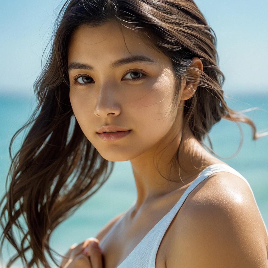 A hyper-realistic image of a single Japanese woman in her early 20s, captured with the nostalgic warmth and pronounced graininess of a film camera, showing her from the shoulders up as she stands on a sunlit beach. Her skin has a warm beige tone with a natural, visibly rough texture that includes pronounced pores, fine lines, and subtle imperfections such as small blemishes, slight unevenness, and a hint of sun exposure, contributing to the authenticity of her appearance. The texture of her skin is intentionally less smooth, with a tangible roughness that enhances the realism, making the surface appear slightly weathered by the elements. The soft, diffused natural light illuminates her face and shoulders with a gentle touch, casting shadows that subtly reveal the unevenness of her skin. Her straight, glossy black hair flows naturally in the ocean breeze, framing her face, and her deep brown eyes reflect the soft sunlight and the shimmering sea. The film camera effect amplifies the grain and texture, creating a warm, nostalgic atmosphere while maintaining the deliberately rougher, less polished texture of her skin. The composition, focused on her upper body, captures the serene elegance of the beach setting, highlighting the natural interaction of light and shadow on her skin. This combination of a rough, realistic skin texture, soft natural light, and the grainy film-like qualities ensures that the image presents an authentic, lifelike portrayal of the woman, centered on her face and shoulders.