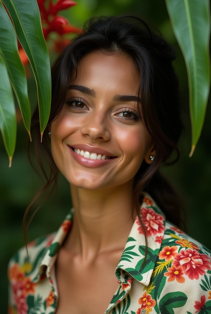 A Brazilian woman in a lush tropical garden, wearing an open shirt with a floral print, with a close-up capturing the harmonious beauty between her breasts and the natural flowers, showing off your natural charm and outgoing personality.