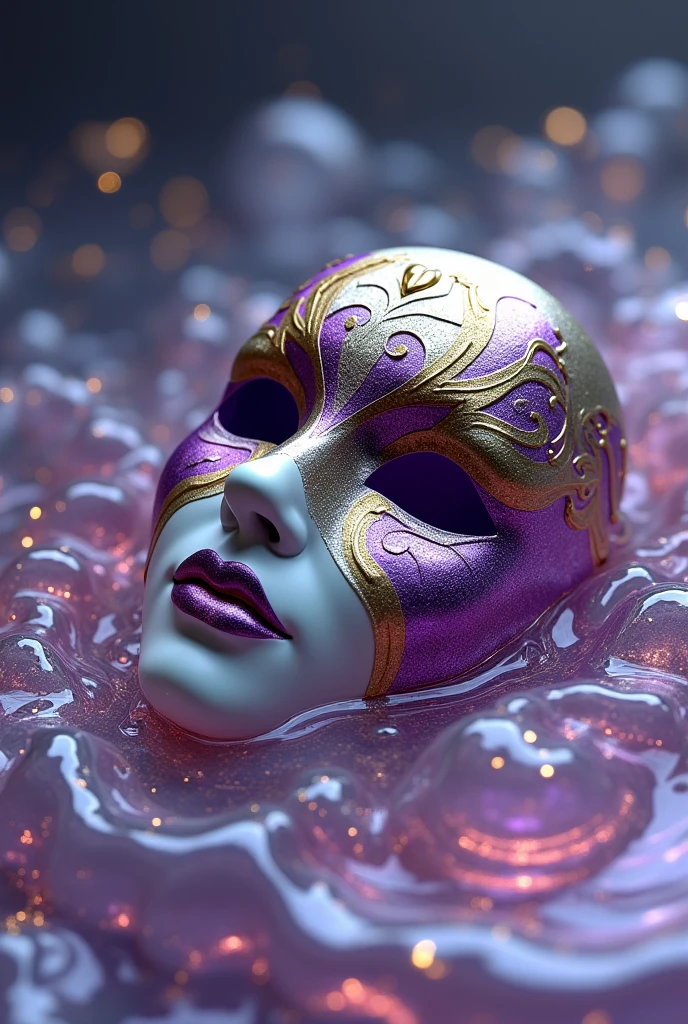  A silver and gold and purple theatre mask melting in silver and purple water with gold