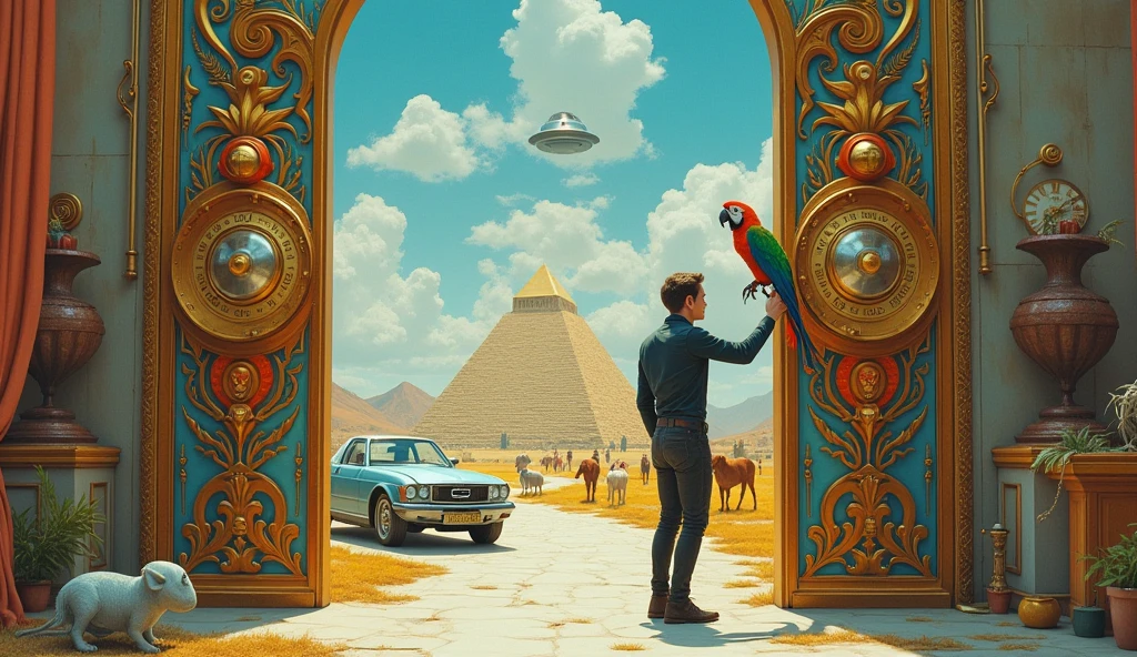 Un homme avec des vêtements futuristes pousse des deux mains des portes futuristes avec des figures géométriques de couleurs différentes sur la porte et devant lui une pyramide avec de l'herbe et des animaux ,le tout ressemblent à la peinture que j'ai publié et un robot et à côté devant une des portes et le personnage caucasien avec un Péroqué sur l'épaule et un aspect baroque est légèrement ajouté une soucoupe volante est ajouté et un extra terrestre petit gris,le personnage se tient droits les jambes légèrement écartées en poussant les portes il y a des mécanismes et horlogerie sur les portes et une voiture ancienne améliorée venus du futur