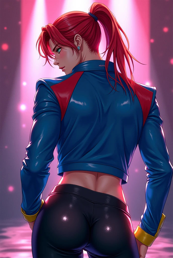 masterpiece, Highest quality, Ultra-high resolution, (sexy Korea boy: 1.3), Red hair with yellow side streaks, Straight hair、long tied hair、Looks like a、(red and blue harajaku: 1.2), (The jacket is a blue jacket with red and yellow details.: 1.2), back view、Big, shapely ass、The kpop show paucco where the spotlight is dazzling、A little wet、mouth piercing, Focus on the big ass and beautifully shaped