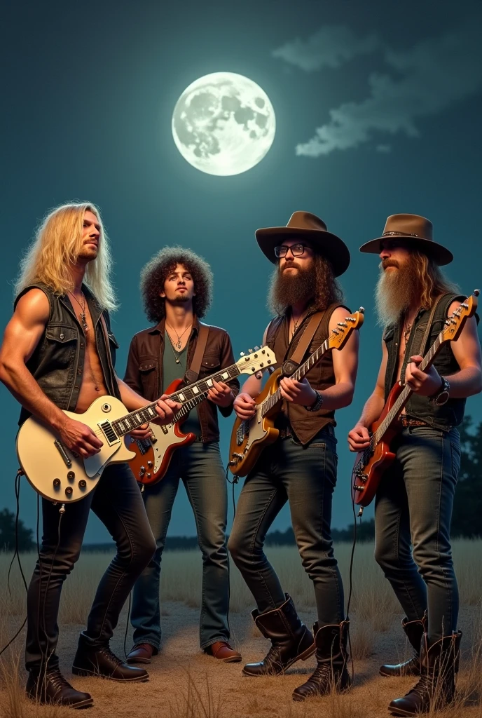 Image of 4 young members of a southern rock band.
1 member has very long, blonde hair, does not wear a hat, use beard loira, has a strong physical build, wears a leather vest and tight leather pants, holding a white Les Paul guitar. 1 member has long black curly hair, use beard, wears All Star and holds a drumstick. 1 member has long black hair, use beard bem comprida, doesn't wear glasses, wears a cowboy hat and holds a brown bass guitar. 1 member wears long blonde hair, does not wear a hat usa cavanhaque comprido, wears square style glasses, wears bell-bottom pants and holds an old microphone.
Everyone is under the moonlight in Texas.