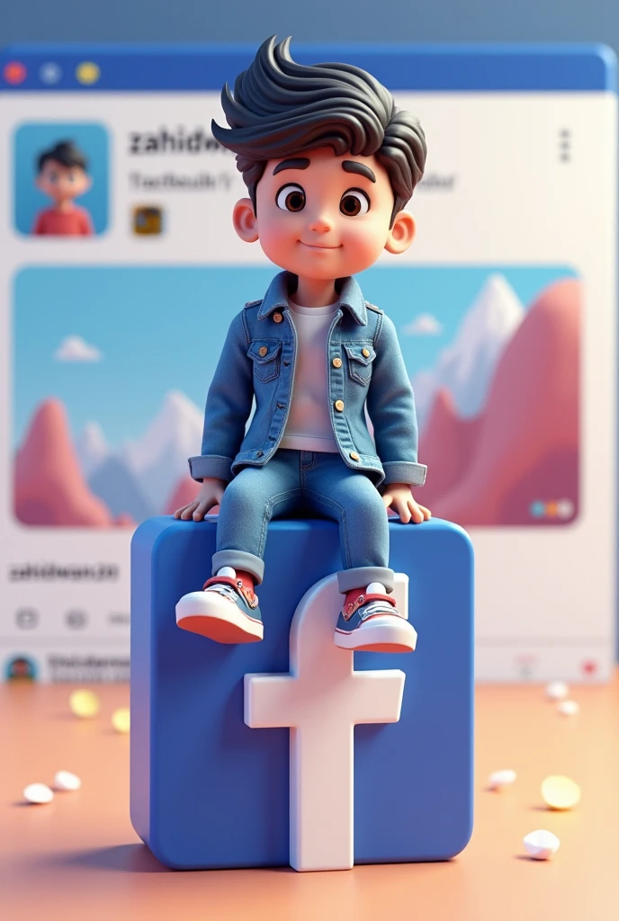 create a 3D illustration of an animated character sitting casually of a social media logo "Facebook" .The character must wear casual modern clotting such as jeans jacket and sneakers.The background of the image in a social media profile page with a user name "zahidawan.20" and profile picture that mach.