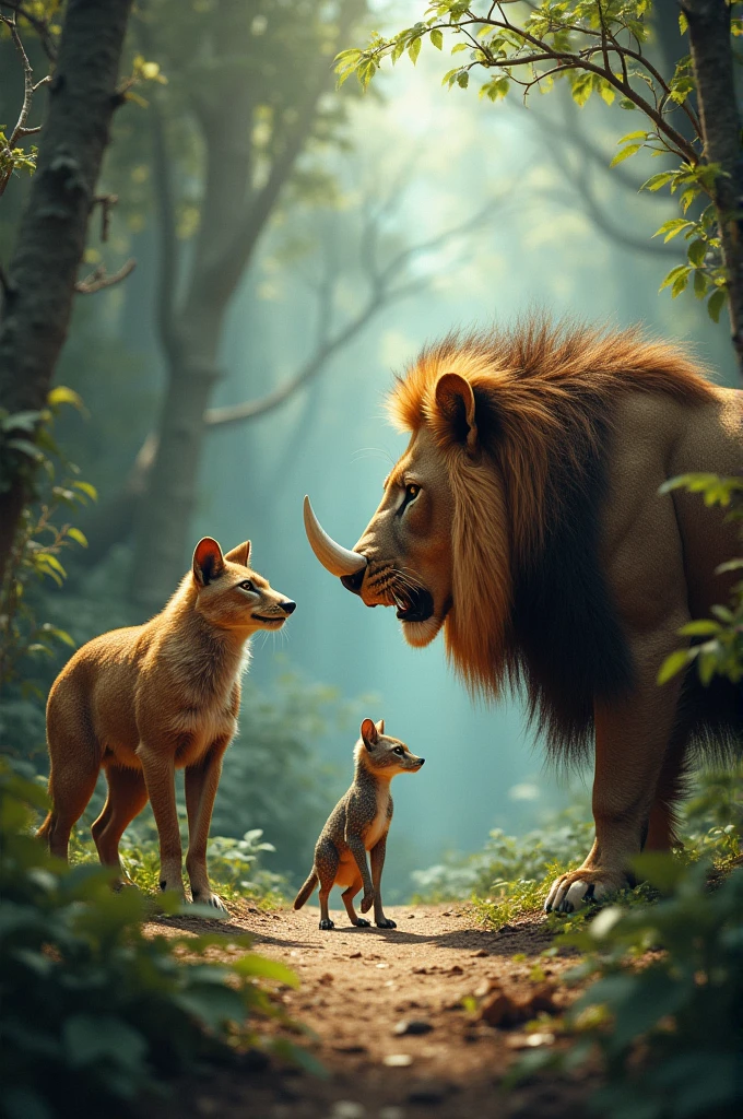 Suricata, a wild boar and a lion