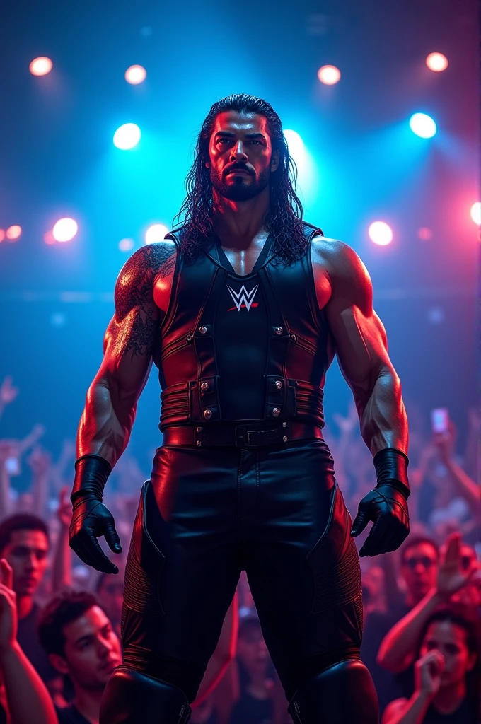 Roman reigns front side body show on the fans in neon blue and red lights