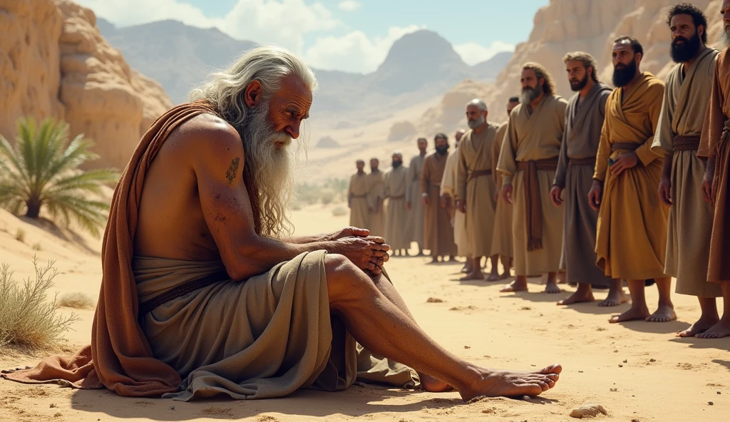 "Create a detailed scene of an ancient biblical setting where an elderly man with white hair and a beard, covered in sores, sits on the ground in agony. He wears tattered clothing, and his body language shows deep suffering. Around him, a group of people dressed in traditional ancient Middle Eastern garments are standing, some looking concerned, others shocked or in deep thought. The setting includes a desert landscape with distant mountains, ancient buildings in the background, and a few scattered palm trees. The overall atmosphere is somber, reflecting the man's intense suffering and the empathy of those around him."