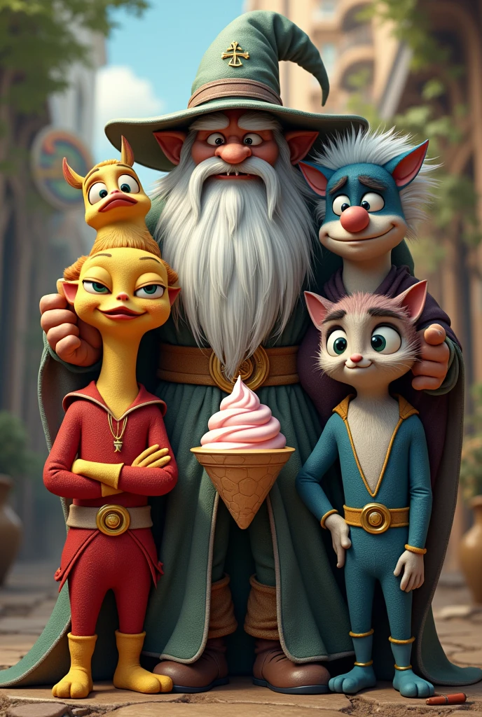 a poster with only these gandalf characters, o texugo do picapau, gumball, Super shock, uncle grandpa and ice cream in a realistic tone