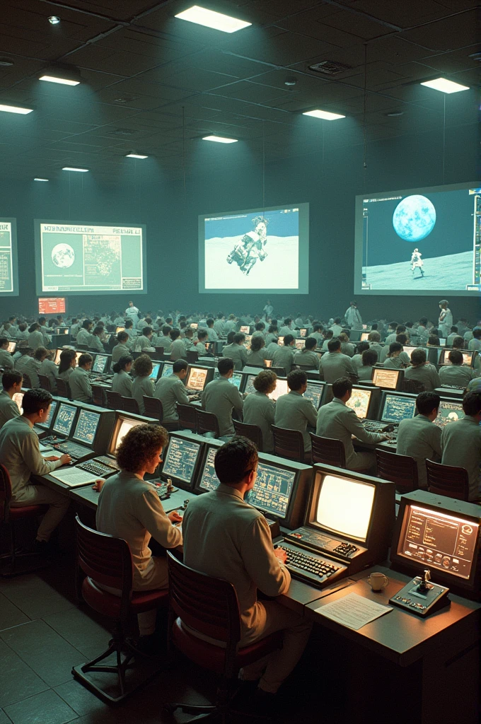 Environment of a 1960s control center, with computers and old technology, simulating the coordination of a lunar mission.