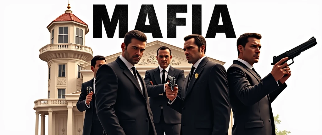 The background is a lavish bungalow with an opulent design, hinting at the Mafia Boss's hidden empire. Surrounding the bungalow are several men, all dressed in black suits, holding guns firmly in their hands, creating a sense of dominance and authority. The overall atmosphere is intense and dramatic, with a mix of luxury and power, setting the tone for a thrilling narrative.