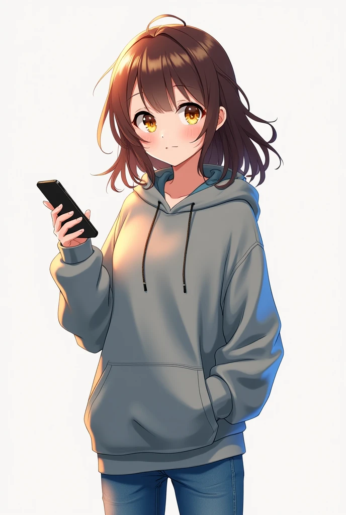 (anime:1.2),  Pretty girl standing full body with medium long brown hair and honey colored eyes from head to toe without bangs and with jeans and a hoodie along with her phone