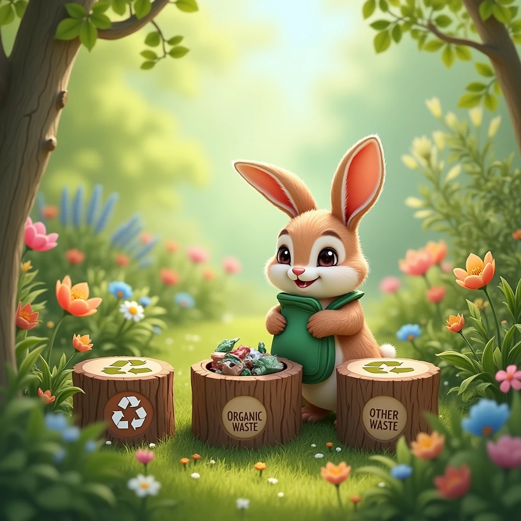 A cute rabbit is holding a bag of trash to sort into the trash can in a lush spring garden, in which three bins are sorted for recycling, organic waste and other waste, Round trash can made from tree stumps