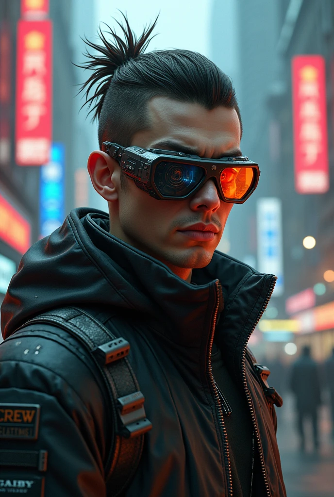 a cyberpunk man wearing glasses only on his right eye. realistic 2d style


