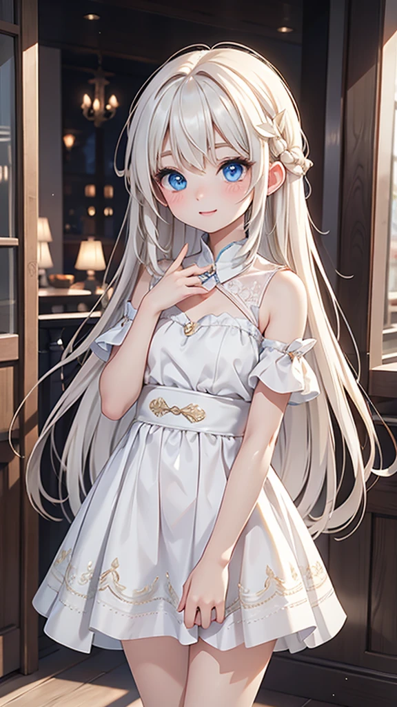 Late 20s European woman、Anime-style illustrations。Short stature with a youthful appearance、Fair skin。Short stature with a youthful appearance、Long, bright golden-white hair、Big Blue Eyes。Delicate and slender figure。Wearing a fairy-like elegant dress。Cute expressions and gestures。The background is a European city。Overall delicate and dreamy atmosphere。High-quality digital art。