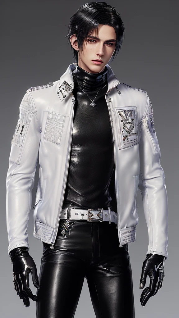 ((Final fantasy taste and reality graphics)), ((Japanese young cute and cool ikemen  boy)), his age is early 20s, thin eyebrows and beady eyes,  ((((he wearing white color leather very thick single-brest jacket)))),((((leather jacket is smooth luster and shiny)))), ((jacket with epaulet)), ((leather jacket close all zippers)),, ,(( jacket collar is very high length stand-up collar with belts)), , (((also wearing black color turtleneck polyester shirts))),  (((tight black and leather pants))), ((((black leather tight and thin glove)))), ((black color leather knee-high raceup boots)),head-to-toe, whole body, boy looks like fashion model,Do not show skin from the neck down,(((all his clothes are smooth design and very shining))),(((Avoid adding unnecessary decorations to your clothes))),(((all clothes is simple design and appearance))),(((don't wear jewelry on all clothes)))