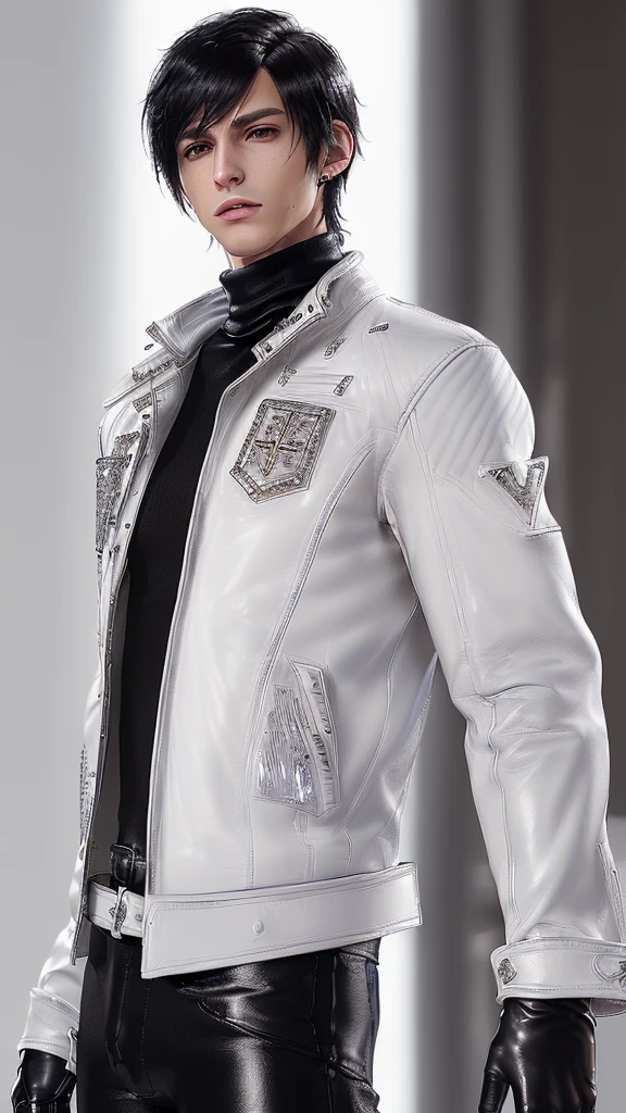 ((Final fantasy taste and reality graphics)), ((Japanese young cute and cool ikemen boy)), his age is early 20s, thin eyebrows and beady eyes, ((((he wearing white color leather very thick single-brest jacket)))),((((leather jacket is smooth luster and shiny)))), ((jacket with epaulet)), ((leather jacket close all zippers)),, ,(( jacket collar is very high length stand-up collar with belts)), , (((also wearing black color turtleneck polyester shirts))), (((tight black and leather pants))), ((((black leather tight and thin glove)))), ((black color leather knee-high raceup boots)),head-to-toe, whole body, boy looks like fashion model,Do not show skin from the neck down,(((all his clothes are smooth design and very shining))),(((Avoid adding unnecessary decorations to your clothes))),(((all clothes is simple design and appearance))),(((don't wear jewelry on all clothes)))