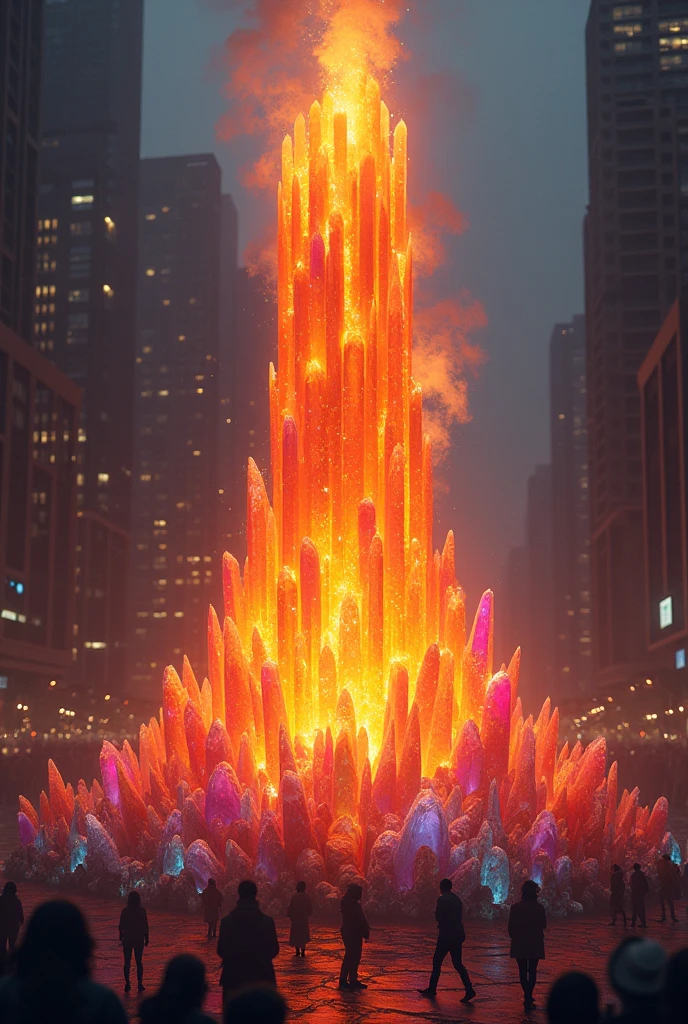 giant bonfire with crystals around it in the center of a city