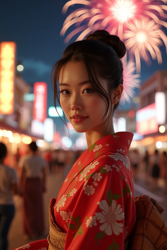 ulzzang -6500-v1.1, (Raw photo:1.2), (Photorealsitic), (Real:1.4), Crisp focus, (Beautiful woman with perfect figure), Slender, (Hairstyle: ass hole up)), ((kimono: CALA)), Street: 1.2 Highly detailed face and skin texture Detailed eyes Double eyelids Random posture, (Smile),Super cute Japan person,Super Beautiful Japan Girl, Realistic face, double eyelid,Smile, full body photographed、Summer festival , in night, firework background.