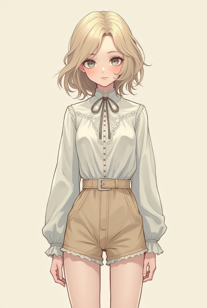 (masterpiece, Best Quality, High resolution: 1.4), detailed, intricate details, 4k, touch of color, Line art, French Victorian style Detail. joven androgino wavy hair rubio, delgado, wavy hair, grayish blue eyes, smooth skin, White skin, delgado, Nostalgia, gentle. delicate. Clothing detail Dress with long-neck blouse and shorts


