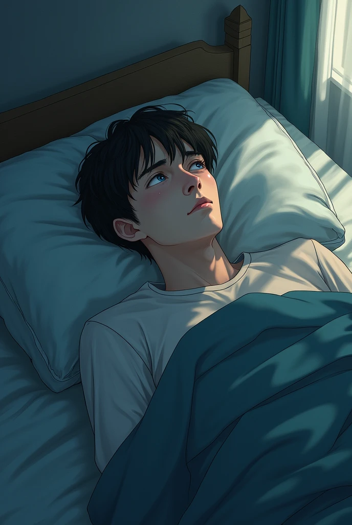 Young man lying down in his room staring at the ceiling and thinking about his own life which is a disaster, アニメ