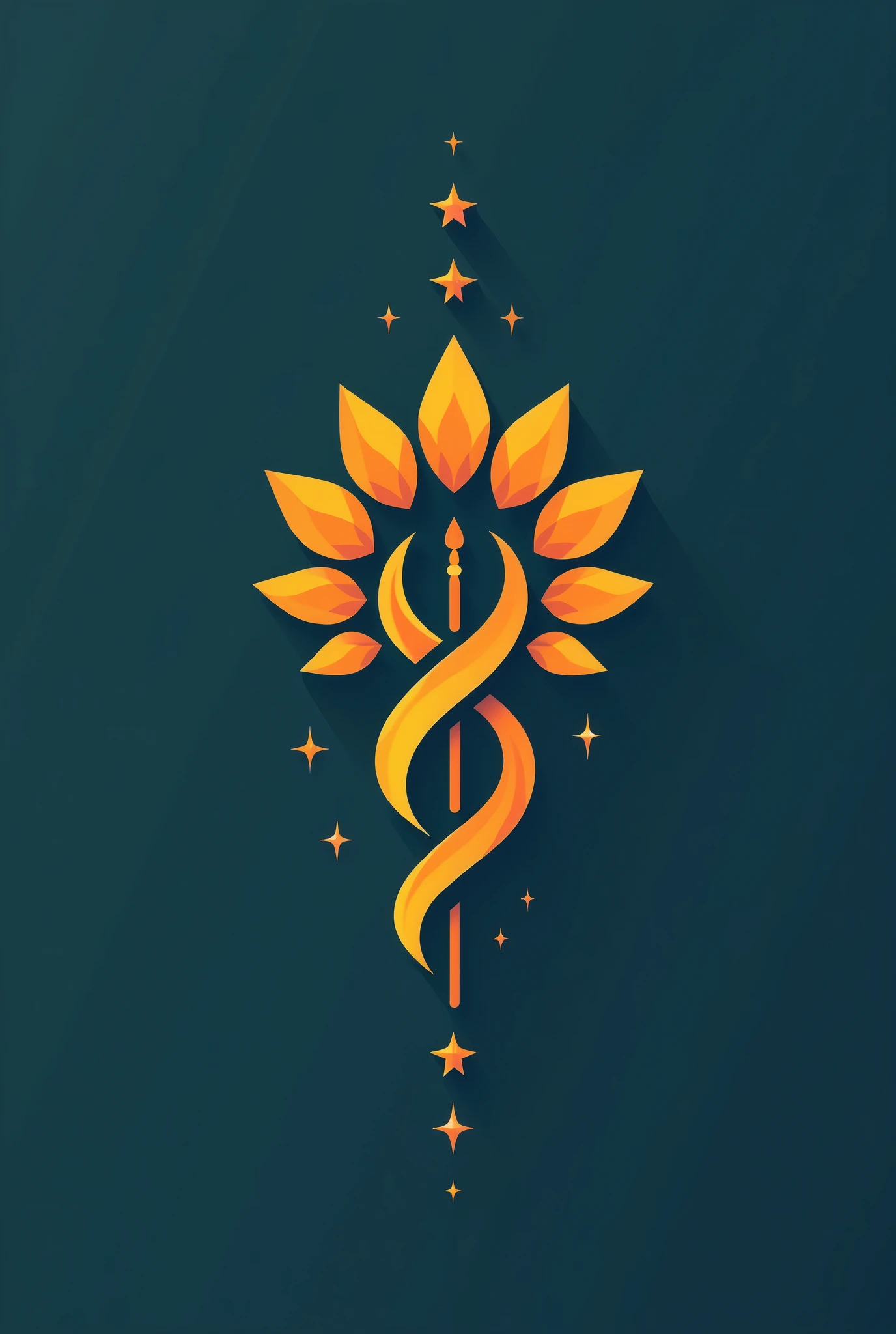 A logo with abstract shapes, for a medical clinic, mixing the symbol of Hermes' caduceus with sunflower, and the stars along the caduceus in the vertical of the southern cross constellation. vector style, solid colors. The logo must be in 4X4 format. Ratio 4:4.