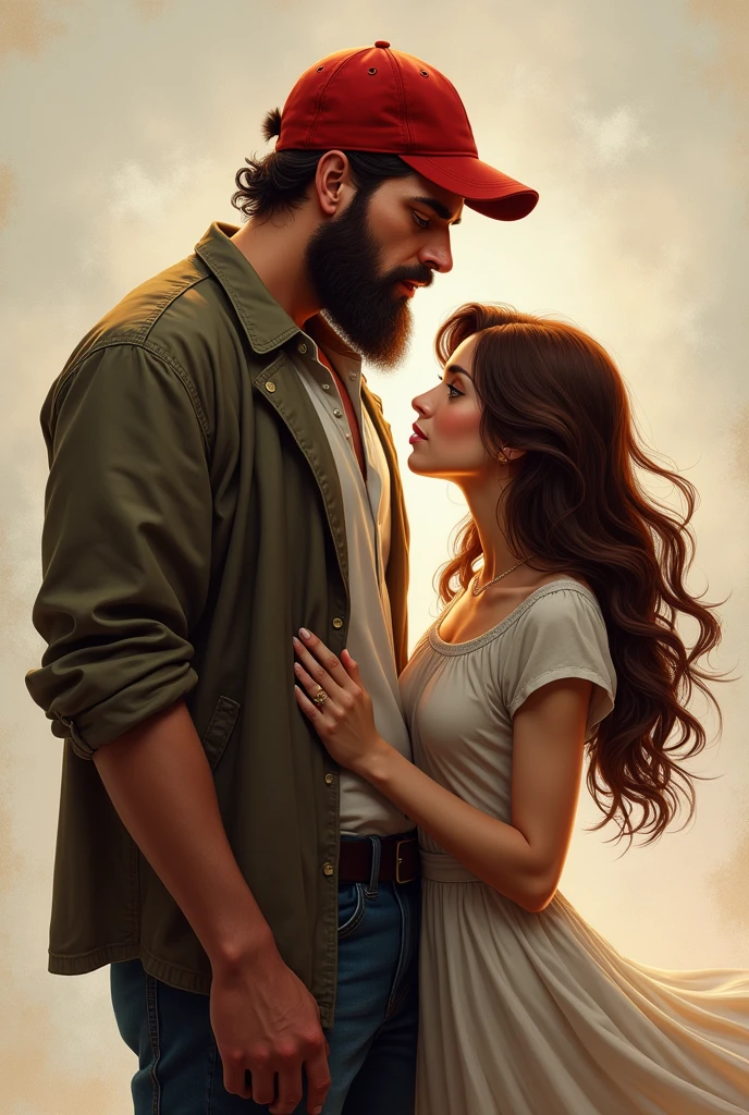 um casal , Tall man, Scrawny, offwhite, brownhair, Red cap,with a short beard, with a woman, Height.median, hair below the shoulders, brownhair com luzes, white