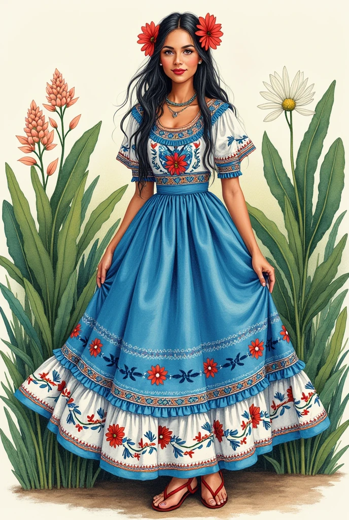 Nicaraguan folk costume blue and white drawing