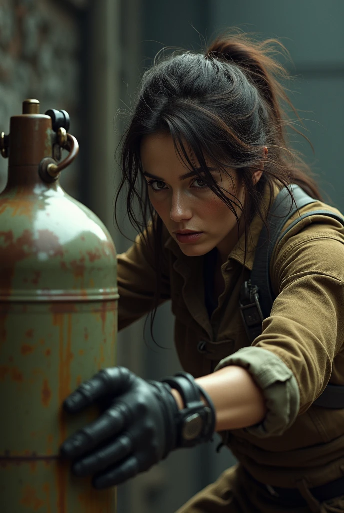 Brunette woman with pressure pliers fighting with a gas cylinder but the cylinder is winning the fight 