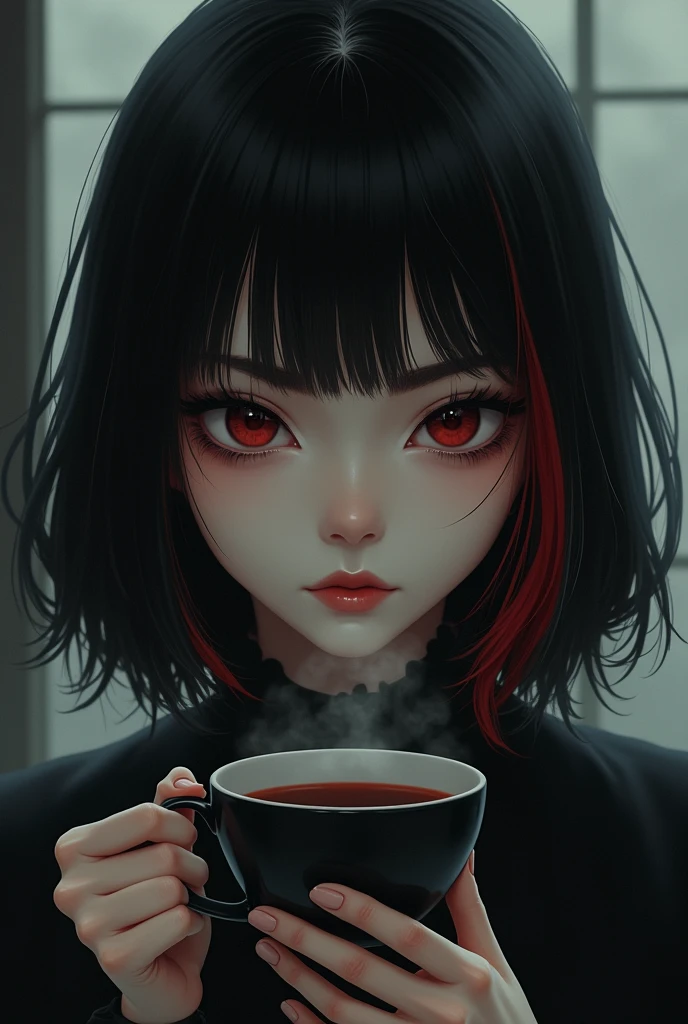 a girl, short black hair, red eyes, black dress, drinking coffee, water puddle reflection, side street, coffee shop, sunset, pink sky, absurdres, high res, ultrasharp, 8K, masterpiece, photorealistic, cinematic lighting, closeup photograph