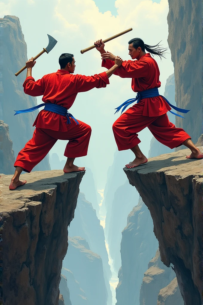 2d drawing depicting 2 people fighting silat fiercely over steep cliff rocks, one carrying a cleaver the one carrying a baton, using a red silat uniform with a blue belt