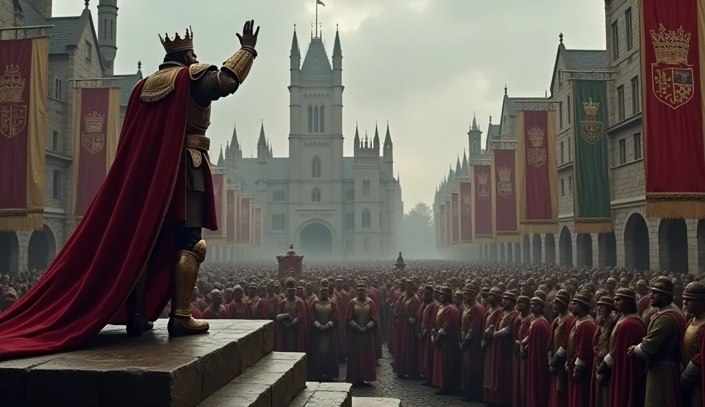 In the heart of medieval London, Edward III stands atop a grand stone platform, his regal figure draped in royal robes, illuminated by the pale light of a cloudy day. His face is stern and resolute as he raises his hand, making a solemn proclamation to the gathered crowd. Below him, a sea of nobles in rich attire, soldiers in gleaming armor, and common citizens in humble garments listens intently, their faces a mix of awe, hope, and concern. The medieval architecture of London, with its towering spires and narrow, cobblestone streets, frames the scene, while banners bearing the royal crest flutter in the wind. The sky is overcast, casting a dramatic, almost foreboding shadow over the scene, enhancing the gravity of the moment. The atmosphere is thick with tension and anticipation, as the crowd hangs on every word of the king's declaration, marking a pivotal moment in history. This image, rich with period detail, captures the solemnity and impact of Edward III’s proclamation, echoing th, Surrealism, Hyperrealism, UHD, retina, masterpiece, accurate, anatomically correct, textured skin, super detail, 16k