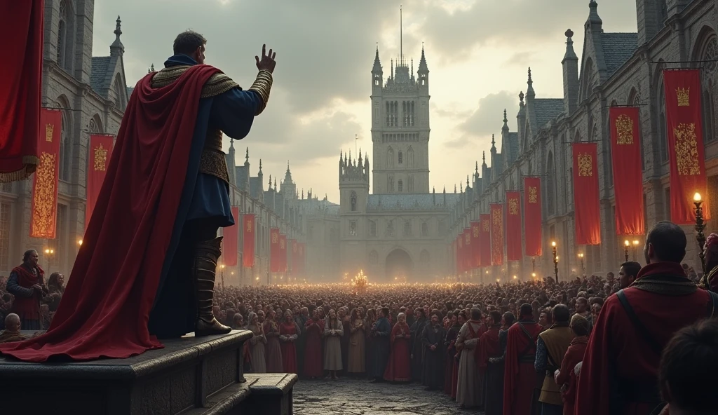 In the heart of medieval London, Edward III stands atop a grand stone platform, his regal figure draped in royal robes, illuminated by the pale light of a cloudy day. His face is stern and resolute as he raises his hand, making a solemn proclamation to the gathered crowd. Below him, a sea of nobles in rich attire, soldiers in gleaming armor, and common citizens in humble garments listens intently, their faces a mix of awe, hope, and concern. The medieval architecture of London, with its towering spires and narrow, cobblestone streets, frames the scene, while banners bearing the royal crest flutter in the wind. The sky is overcast, casting a dramatic, almost foreboding shadow over the scene, enhancing the gravity of the moment. The atmosphere is thick with tension and anticipation, as the crowd hangs on every word of the king's declaration, marking a pivotal moment in history. This image, rich with period detail, captures the solemnity and impact of Edward III’s proclamation, echoing th, Surrealism, Hyperrealism, UHD, retina, masterpiece, accurate, anatomically correct, textured skin, super detail, 16k