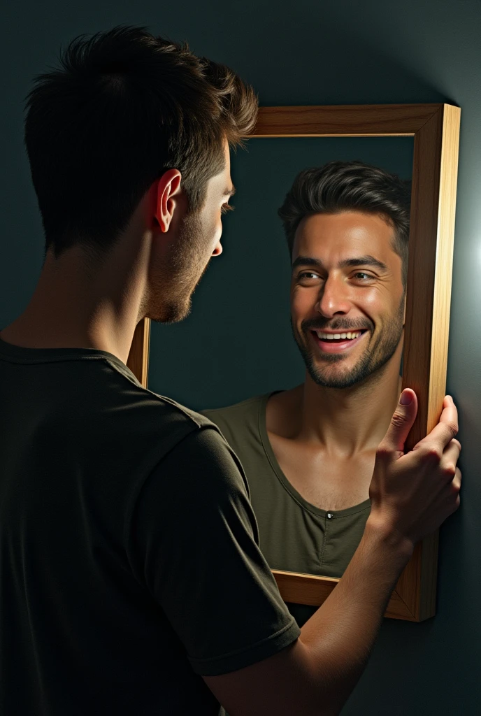 An image showing a person holding a mirror, with a bright light coming from the right, representing the light of God. The person is looking at the mirror with an expression of doubt and confusion, com um fundo escuro e sombrio, representing the darkness of sin. No espelho, there is an image of a rich and successful person, with a wide smile and a twinkle in her eyes, but the person holding the mirror is looking at the image with an expression of discontent and dissatisfaction.