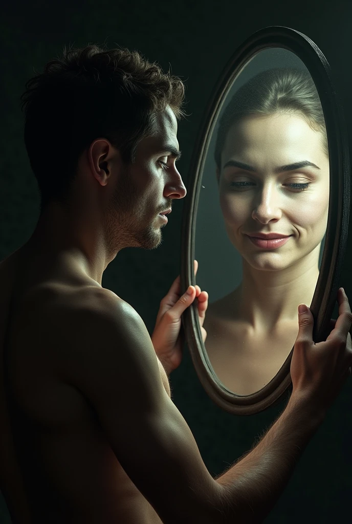 An image showing a person holding a mirror, with a bright light coming from the right, representing the light of God. The person is looking at the mirror with an expression of doubt and confusion, com um fundo escuro e sombrio, representing the darkness of sin. No espelho, there is an image of a rich and successful person, with a wide smile and a twinkle in her eyes, but the person holding the mirror is looking at the image with an expression of discontent and dissatisfaction.