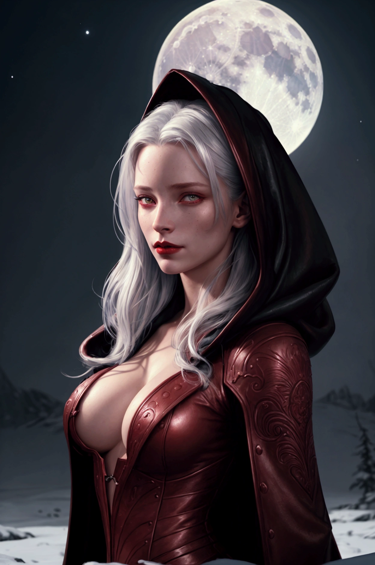 portrait of a woman, illustration, nsfw, fantasy, {(by Charlie Bowater)|(by Jesper Ejsing:1.2)|by Sam Bosma}, (masterpiece, best quality:1.3), (highly detailed:1.5), UHD, 8K, beautiful, jawline, cheekbones, (red lips, red eyes), white hair, long hair, collarbone, medium breasts, leather cloak, black cloak, hooded, looking at viewer, snowy fields, moon, (amazing background), moonlight, backlighting, diffused light, soft focus, (depth of field), trending on artstation