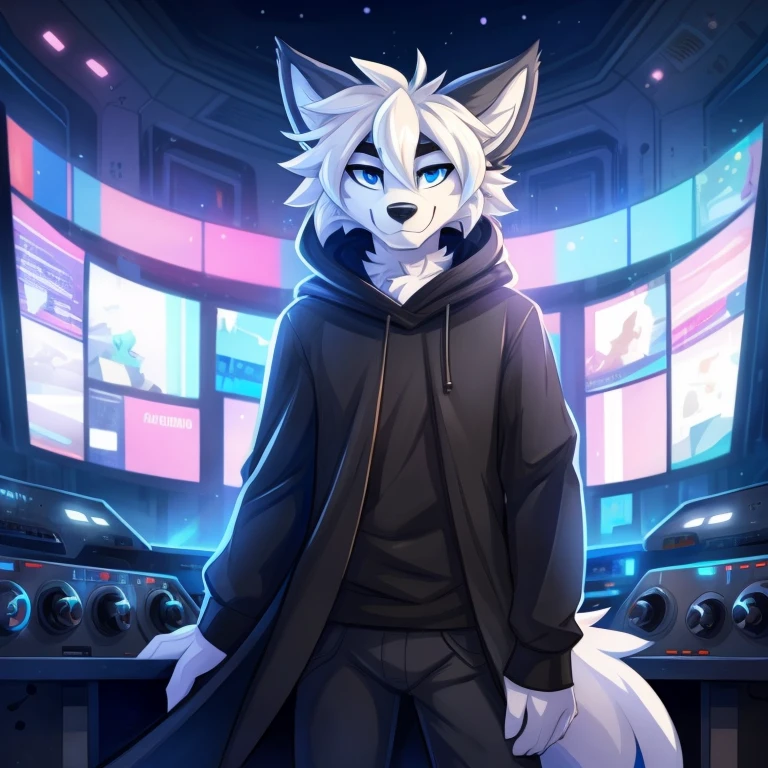 by Kilinah, by Coffeesoda, by Hioshiru, by Kilinah, anime art style, uploaded E621 Beautiful and detailed portrait of a male (((male))) (anthro wolf) Antero, Zenematic lighting, seductive, bl, grey wolf, full body, beautiful, messy hair, white hair, blue eyes, single, standing, medium length hair, grey wolf ears, futuristic city background, grey wolf, wearing black cloak with hood over head, standing at DJ booth, music visualizer in background,