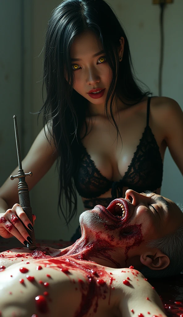 (((photorealistic:1.4))), ultra realistic, pores, (((masterpiece))),high quality, ultra details, realistic white skin beautiful face pretty korean idol girl smile showing very long sharp black shiny fingernails, yellow slit eyes, long yellow hair, wearing sexy outfit, standing next to realistic ugly old man stabbed on the post with throat ripped, guts, deep cuts and wound, extreme gore, blood splatter everywhere, torture room, torture device in the table