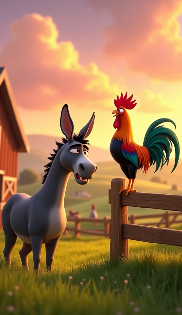 Draw a scene of an angry donkey arguing with a rooster with orange, green and blue plumage on a very pretty farm at dawn. The donkey should have an angry facial expression. The rooster should be very calm, standing on a wooden fence, with its colorful feathers standing out in the design. The farm should be picturesque and detailed, with green fields and a sunrise sky with soft shades of orange and pink, in Pixar style