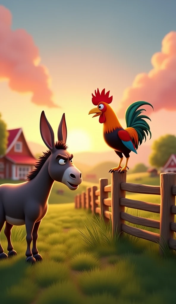 Draw a scene of an angry donkey arguing with a rooster with orange, green and blue plumage on a very pretty farm at dawn. The donkey should have an angry facial expression. The rooster should be very calm, standing on a wooden fence, with its colorful feathers standing out in the design. The farm should be picturesque and detailed, with green fields and a sunrise sky with soft shades of orange and pink, in Pixar style