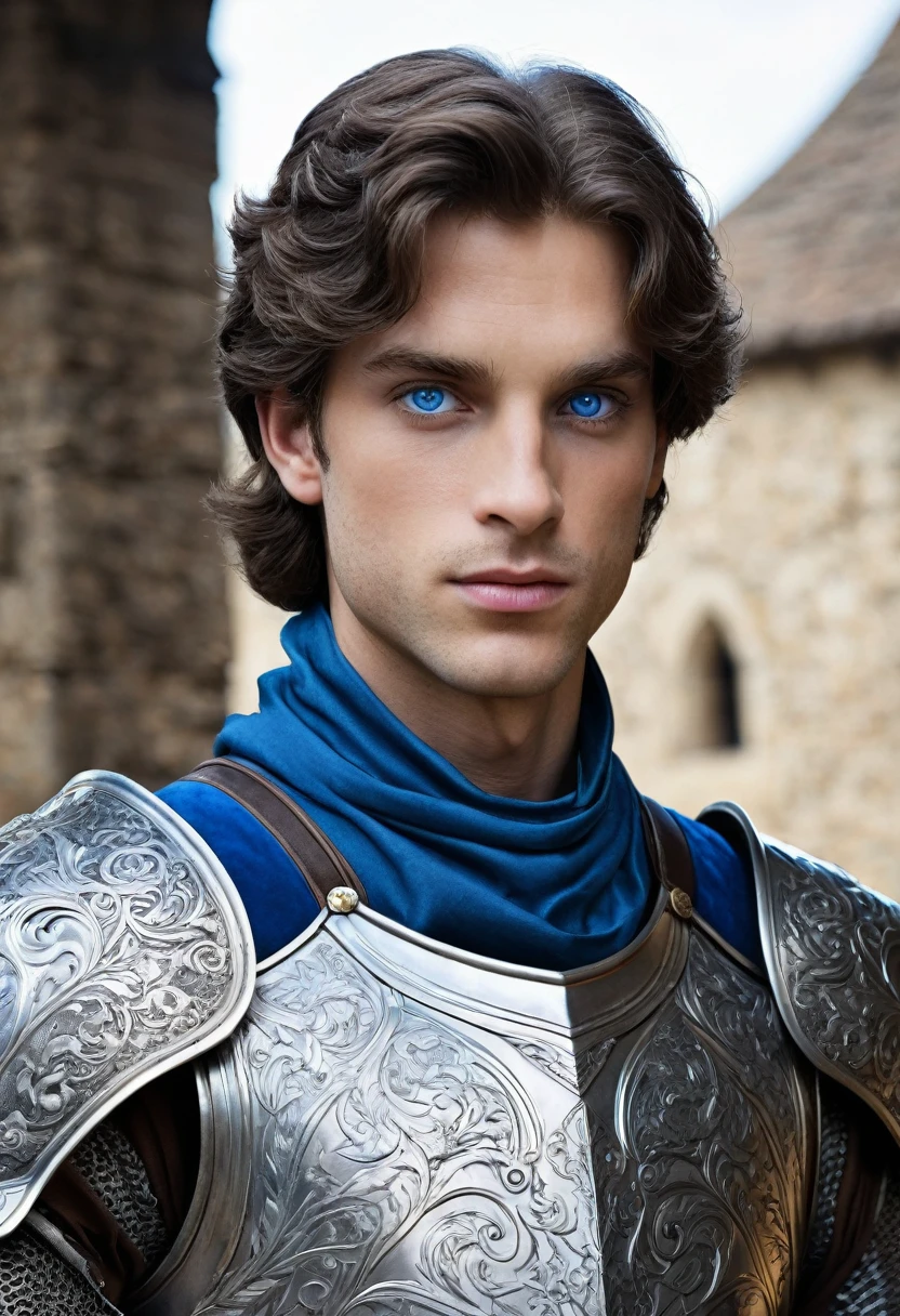 Create the image of a prince of the Middle Ages with 20 years and blue-eyed and young mono armor